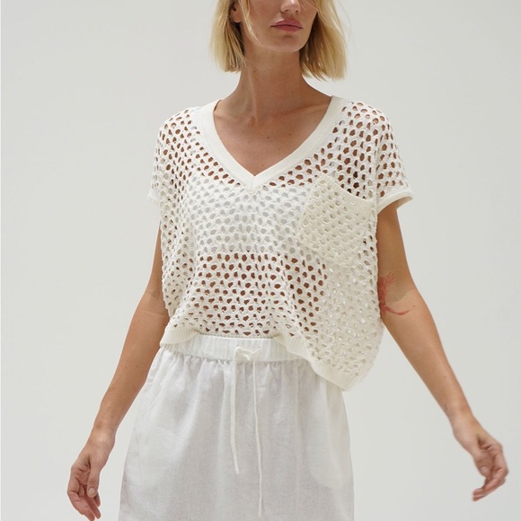 LNA White Isak V Neck Open Knit Crochet Top small - Picture 1 of 8
